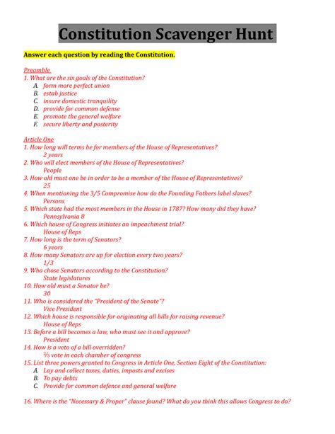Explanation of Answer Key United States Constitution Scavenger Hunt